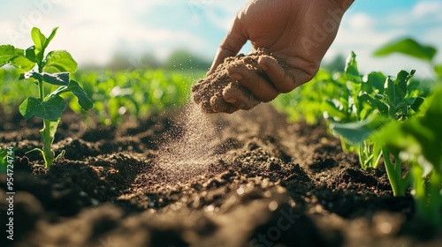 Hand spreading soil over young plants in a garden under a sunny sky, symbolizing nurturing and growth in sustainable agriculture. photo