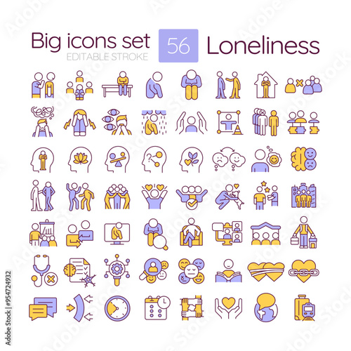 Loneliness RGB color icons set. Psychological distress. Mental health, relationships. Emotional support. Isolated vector illustrations. Simple filled line drawings collection. Editable stroke