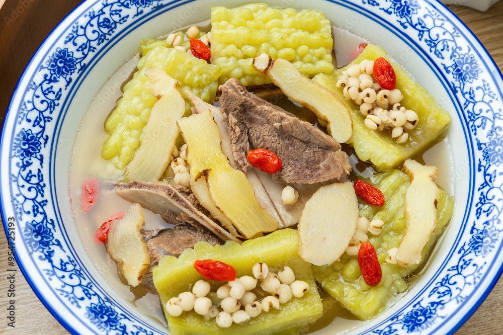 Guangdong traditional soup - Polygonatum, coix seed, bitter melon and pork bone soup Guangdong traditional soup - Polygonatum, coix seed, bitter melon and pork bone soup