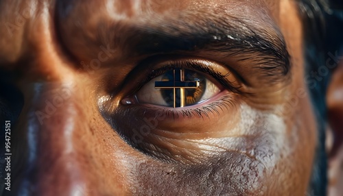 Closeup photography of a Christian cross reflecting in a man's eye. Male person thinking about belief in Jesus Christ and His sacrifice, holy Bible believer, blessed with grace and forgiveness
