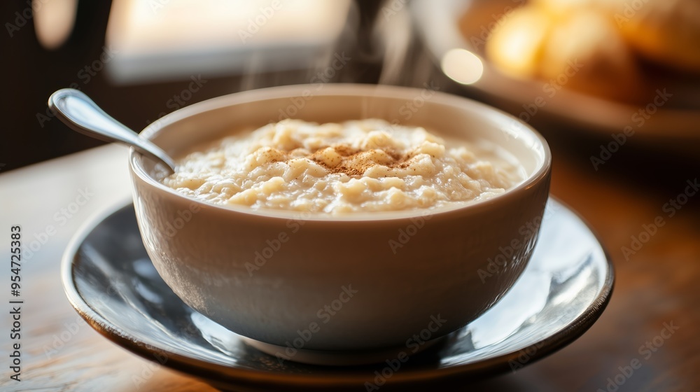 Creamy oatmeal with a sprinkle of cinnamon served in a cozy kitchen setting during breakfast time Creamy oatmeal with a sprinkle of cinnamon served in a cozy kitchen setting during breakfast time