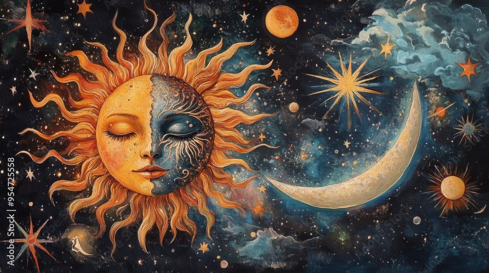 Artistic rendering showcasing a brilliantly shining sun, crescent moon, and stars in a celestial setting, conveying a sense of wonder and mystical beauty.