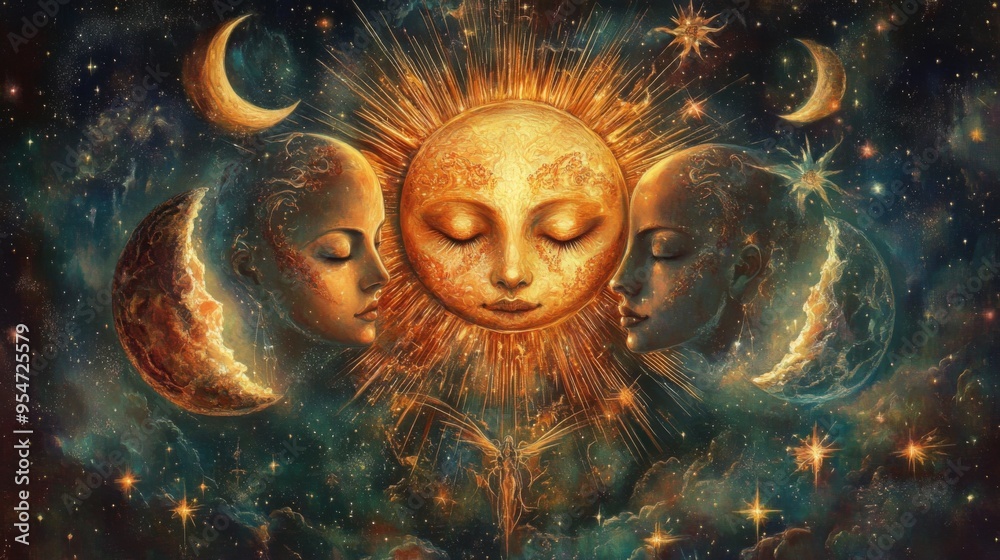 Bright and colorful depiction of a cosmic scene, featuring a radiant sun, multiple moons, and planets, highlighting the wonders of the universe.