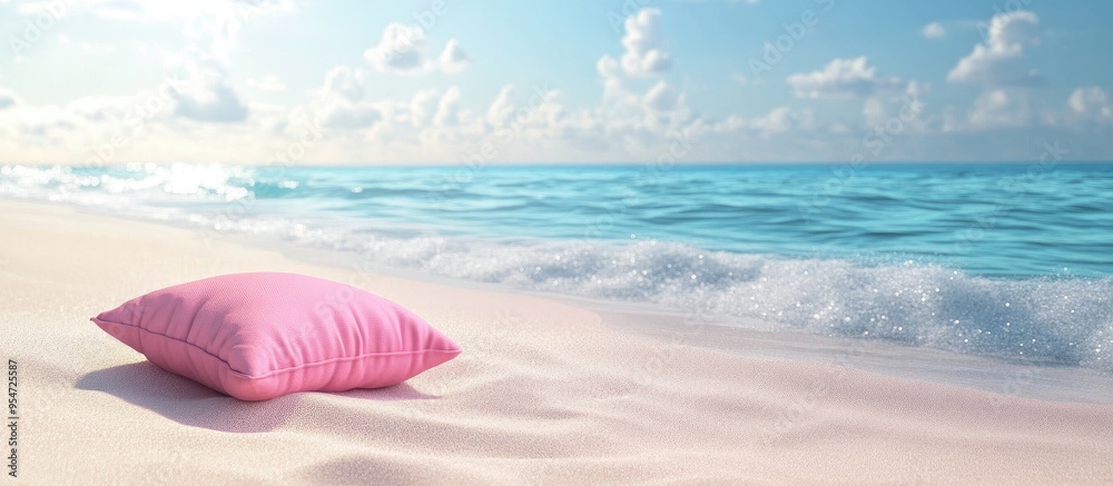 Obraz premium Summer pink beach with a cozy pink seat cushion on the sand. with copy space image. Place for adding text or design