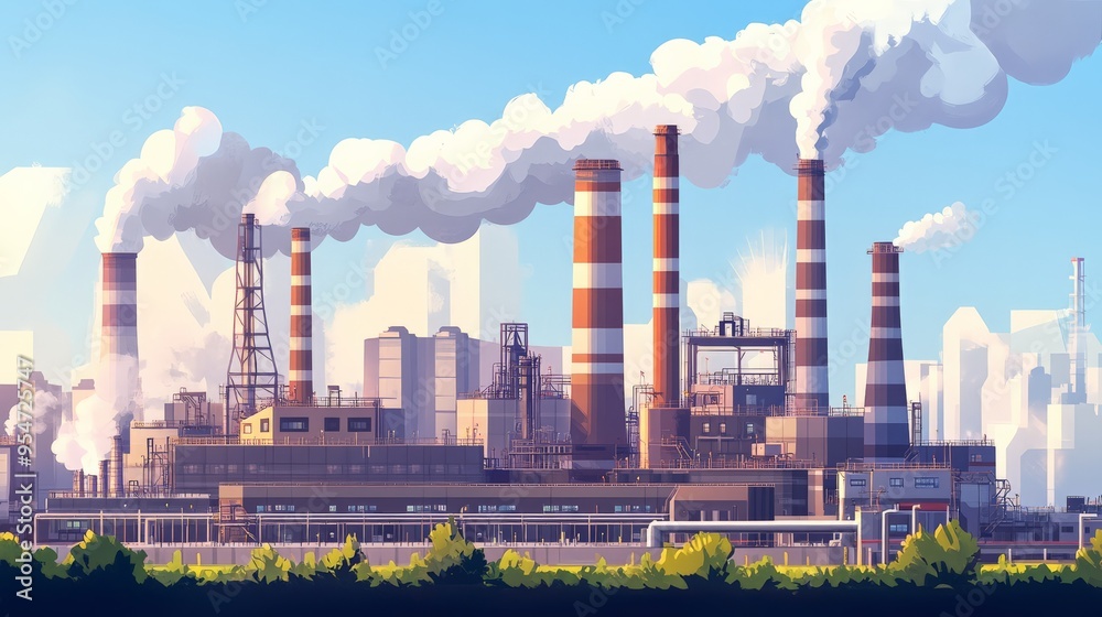 Fototapeta premium Industrial factory with smoking chimneys against a clear sky, representing pollution and industrial activity.