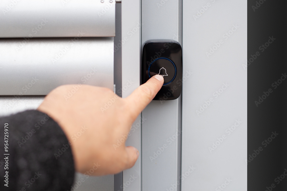 Close-Up of Hand Pressing a Wireless Doorbell Close-Up of Hand Pressing a Wireless Doorbell
