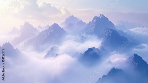 Ethereal mist swirling around mountain peaks