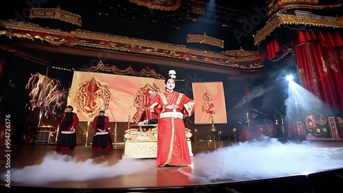 Traditional Chinese opera performance showcasing intricate costumes and elaborate staging in a grand theater setting
