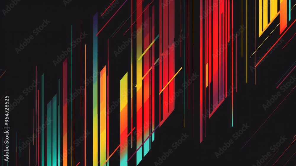 A line of colorful lines on a black background, geometric abstract art. A line of colorful lines on a black background, geometric abstract art.