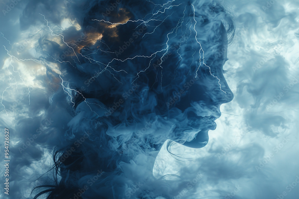 Image of female face with smoke and sparks in purple light Image of female face with smoke and sparks in purple light