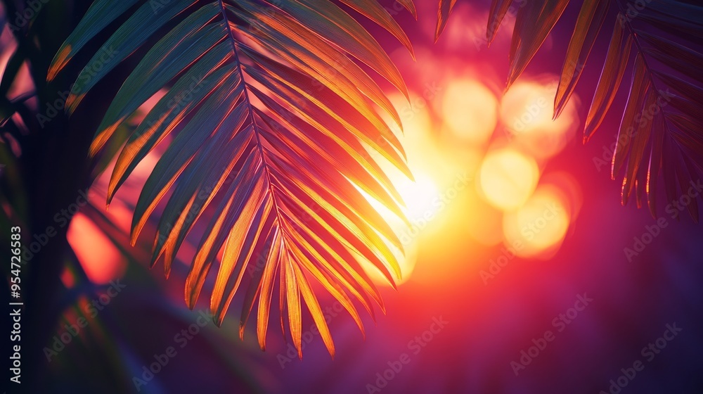 Palm Fronds Silhouetted Against a Vibrant Sunset