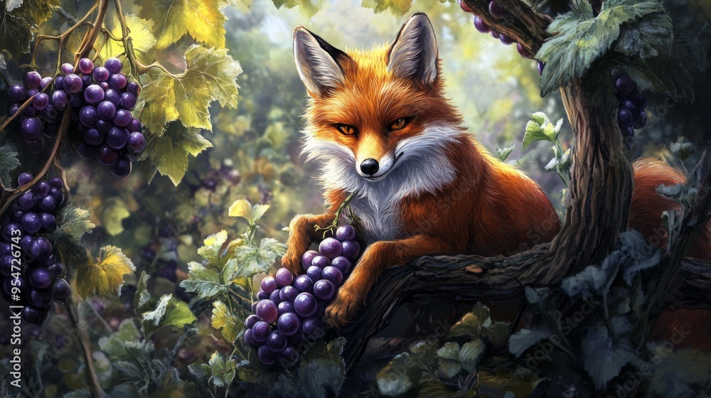 Fototapeta premium A fox perches comfortably among the grapevines, surrounded by deep purple grapes and rich green leaves, evoking a serene and vibrant atmosphere in a flourishing forest.