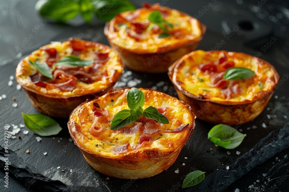 Delicious Mini Quiches Savory Tarts with Bacon, Cheese, and Fresh Herbs on a Dark Background