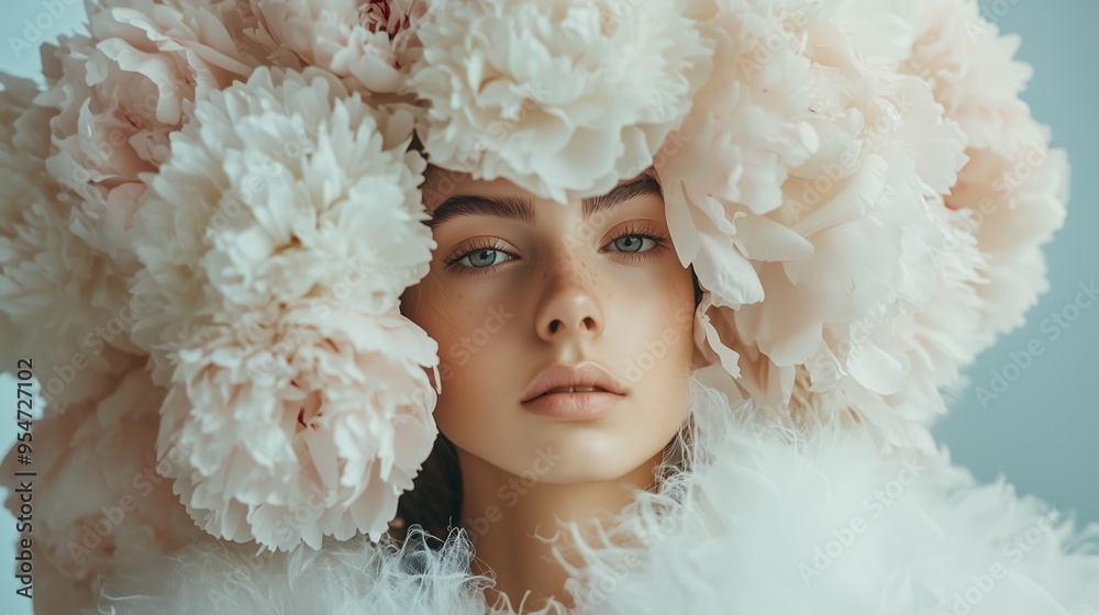 A woman in a floral headdress made of pale pink peonies showcases delicate beauty in a softly lit indoor setting A woman in a floral headdress made of pale pink peonies showcases delicate beauty in a softly lit indoor setting