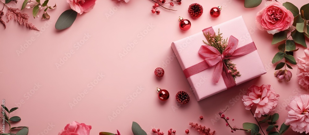 Banner Fashion women s accessories cosmetics flower bouquet gift box and bow on a pink background Top view flat lay copyspace Banner Fashion women s accessories cosmetics flower bouquet gift box and bow on a pink background Top view flat lay copyspace