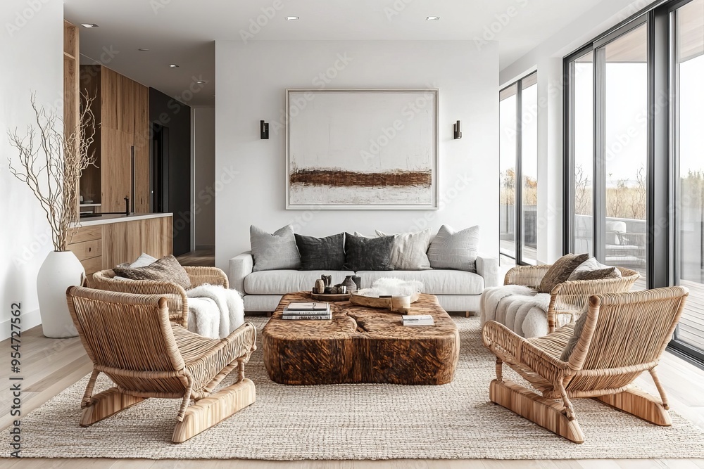 Scandinavian Living Room with a Classic Scandinavian vibe. Woven rattan chairs furniture, a light wood flooring floor Scandinavian Living Room with a Classic Scandinavian vibe. Woven rattan chairs furniture, a light wood flooring floor