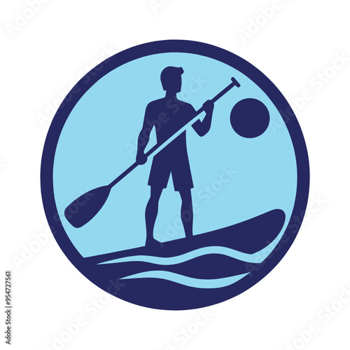 Sup board. Man with a paddle on a SUP board. Icon, logo, sign. Vector illustration