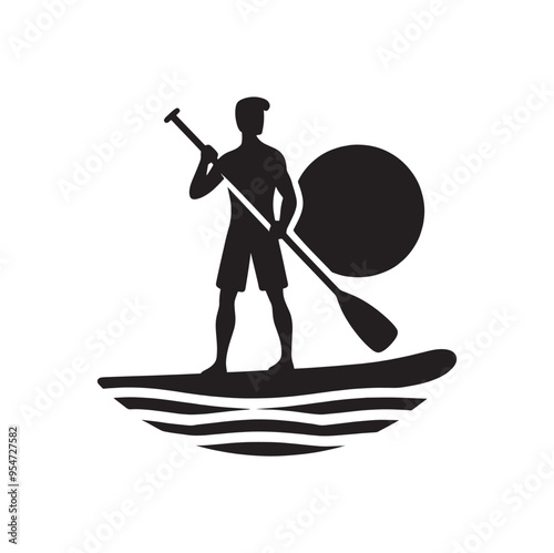Sap board. Man with a paddle on a SUP board. Icon, logo, sign. Vector illustration