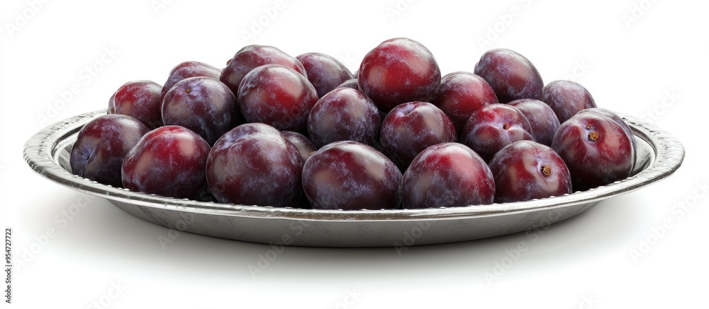 Obraz premium Ripe plums on a metal plate isolated against a white background. with copy space image. Place for adding text or design