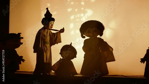 Cultural shadow puppetry performance in traditional theater setting, showcasing intricate characters and storytelling at dusk photo