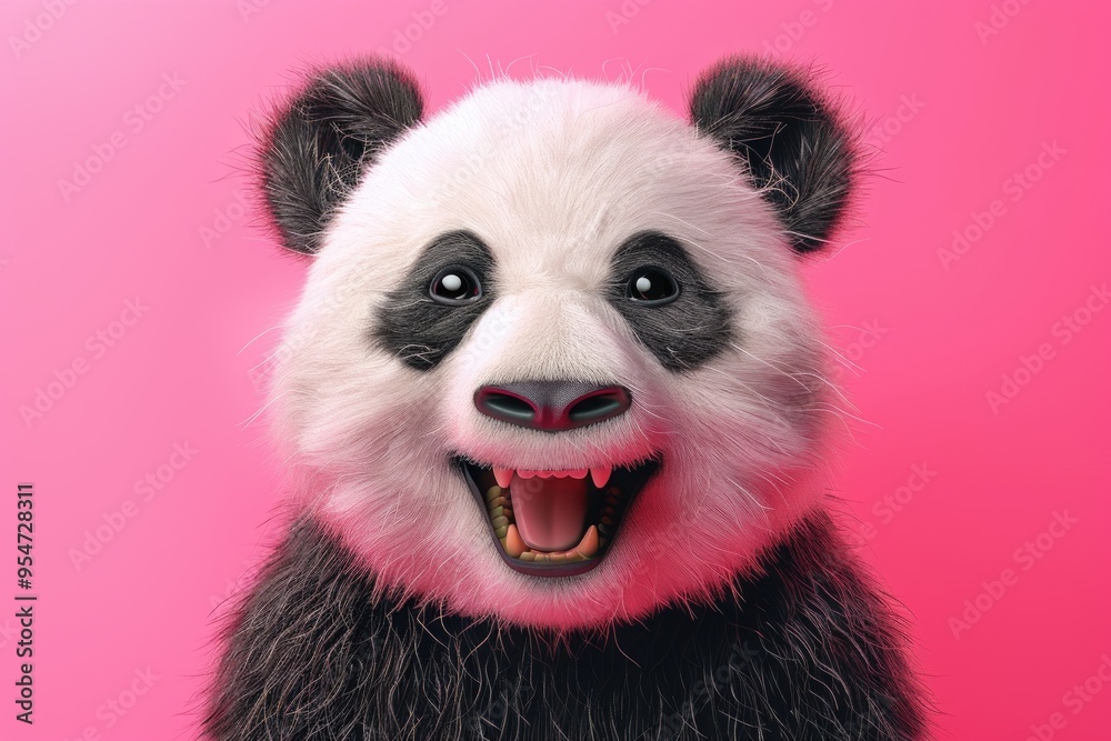 Closeup of Adorable Smiling Panda on Vibrant Pink Background Closeup of Adorable Smiling Panda on Vibrant Pink Background