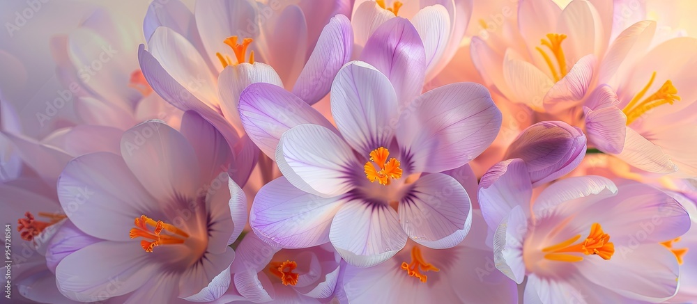 Fototapeta premium delicate crocuses set against a white background. with copy space image. Place for adding text or design