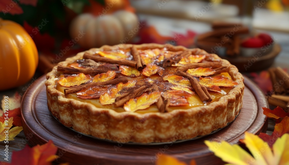 Festive Pumpkin Pie Decorated with Autumn Leaves on Wooden Table Festive Pumpkin Pie Decorated with Autumn Leaves on Wooden Table