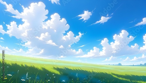 A green grassy field under a bright blue sky with fluffy white clouds, with the sun shining through photo