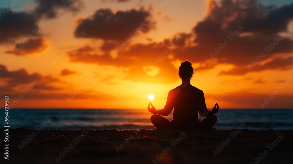 Person meditating on the beach at sunset, capturing tranquility and inner peace while embracing nature's beauty and serenity. Person meditating on the beach at sunset, capturing tranquility and inner peace while embracing nature's beauty and serenity.