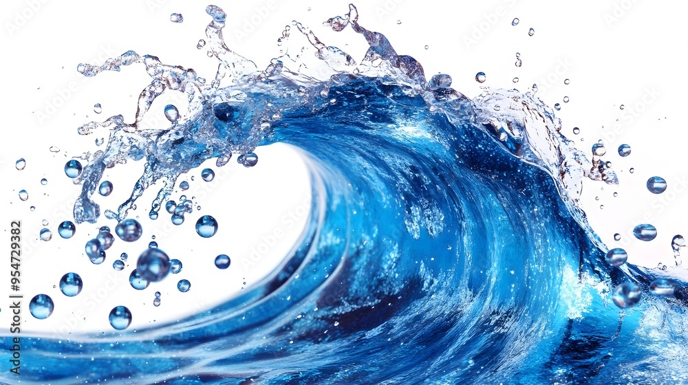 Blue Water Wave Splash with Bubbles on White Background Blue Water Wave Splash with Bubbles on White Background