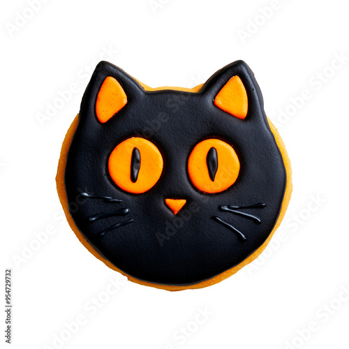 Delicious cookie with scary Halloween black cat decoration, png no background