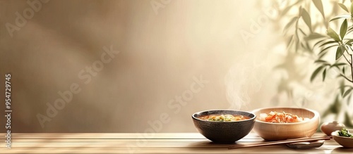 Korean traditional beverage Sujeonggwa along with food. with copy space image. Place for adding text or design photo