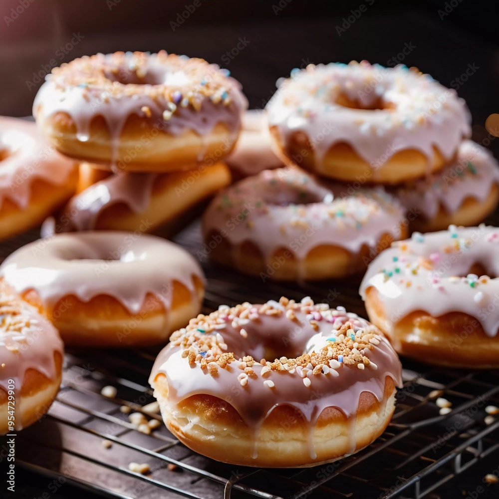 A delicious assortment of vanilla donuts topped with creamy icing and colorful sprinkles, showcasing their appealing texture and sweetness in a warm cafe setting. White icing on buns. Generative AI A delicious assortment of vanilla donuts topped with creamy icing and colorful sprinkles, showcasing their appealing texture and sweetness in a warm cafe setting. White icing on buns. Generative AI