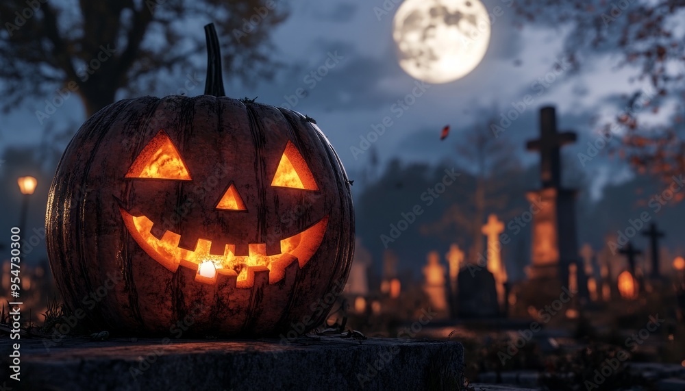 Jack-O'-Lantern in the Cemetery with Full Moon and Spooky Night Atmosphere Jack-O'-Lantern in the Cemetery with Full Moon and Spooky Night Atmosphere