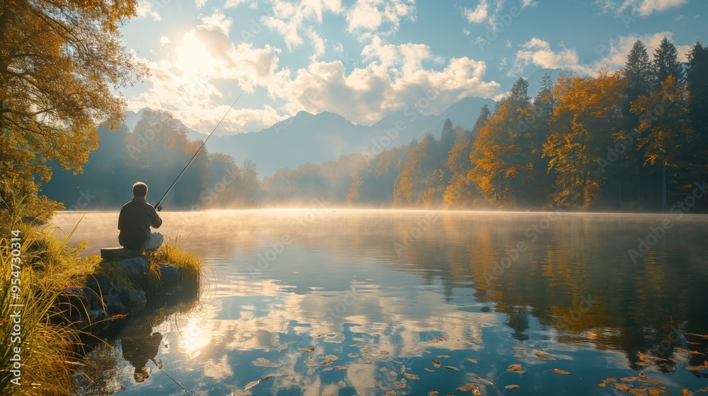 Man catching fish by pulling out rod while fishing in lake or pond. Fisherman with rod, spinning rod on river bank. Wildlife. Leisure and recreation. Man catching fish by pulling out rod while fishing in lake or pond. Fisherman with rod, spinning rod on river bank. Wildlife. Leisure and recreation.
