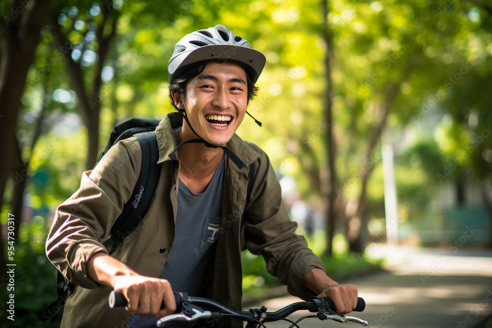 AI generated image of a happy young person exploring walking in forest AI generated image of a happy young person exploring walking in forest