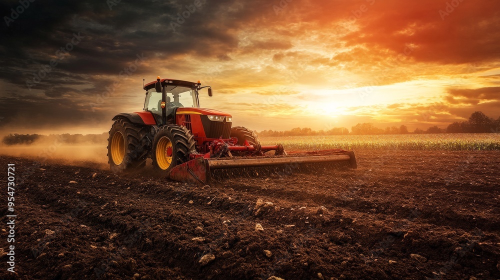 Fototapeta premium Red tractor working on a vast field during sunset, creating a dramatic scene with vibrant colors and powerful farming equipment.