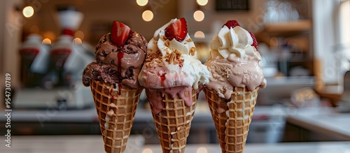 A selection of ice cream scoops in cones featuring chocolate vanilla and strawberry flavors. with copy space image. Place for adding text or design