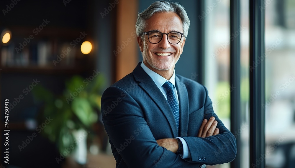 Fototapeta premium Smiling Older Bank Manager or Executive in Office with Bookshelf Background