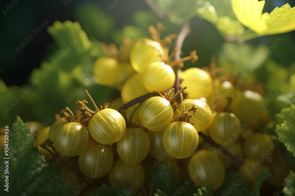 Fresh gooseberries hanging on branch, blurry background Fresh gooseberries hanging on branch, blurry background