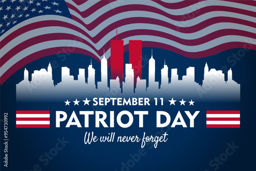 Remembering 9/11: Patriot Day Banner with American Flag and Cityscape Silhouette