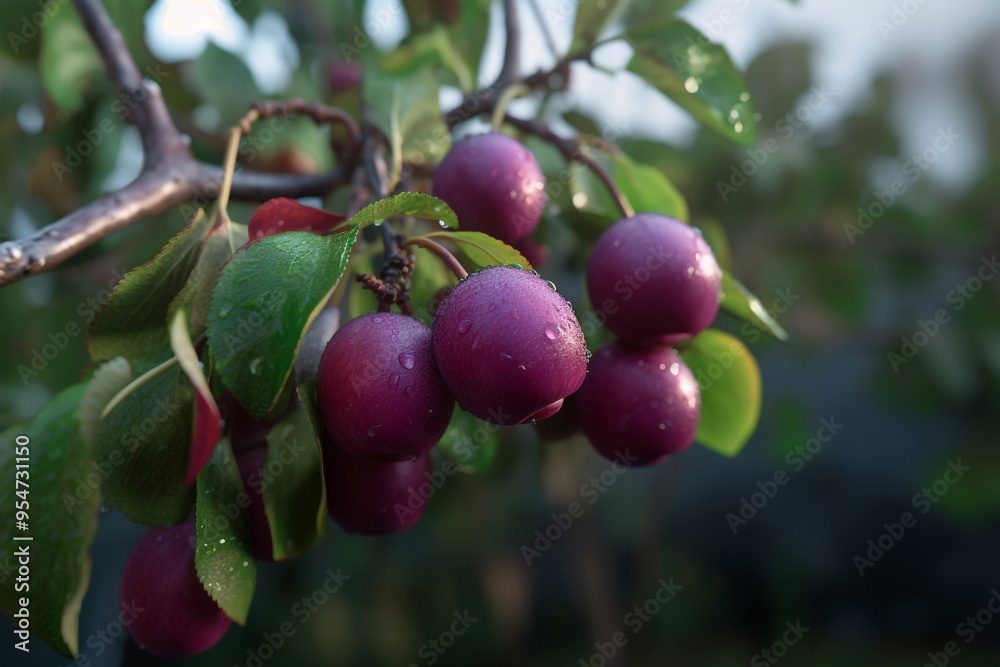 Abundance of Ripe Plums Hanging on a Lush Tree in a Bountiful Harvest Scene Abundance of Ripe Plums Hanging on a Lush Tree in a Bountiful Harvest Scene