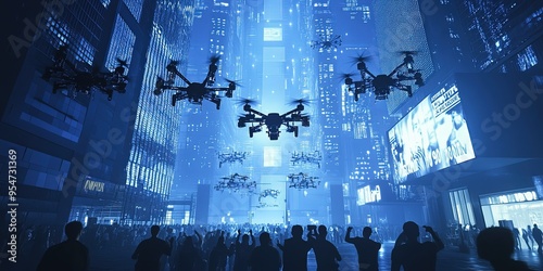 Vol de drones dans une ville futuriste sous éclairage bleu