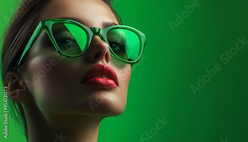 Elegant Woman in Green Glasses with Artistic Lighting Dark Background