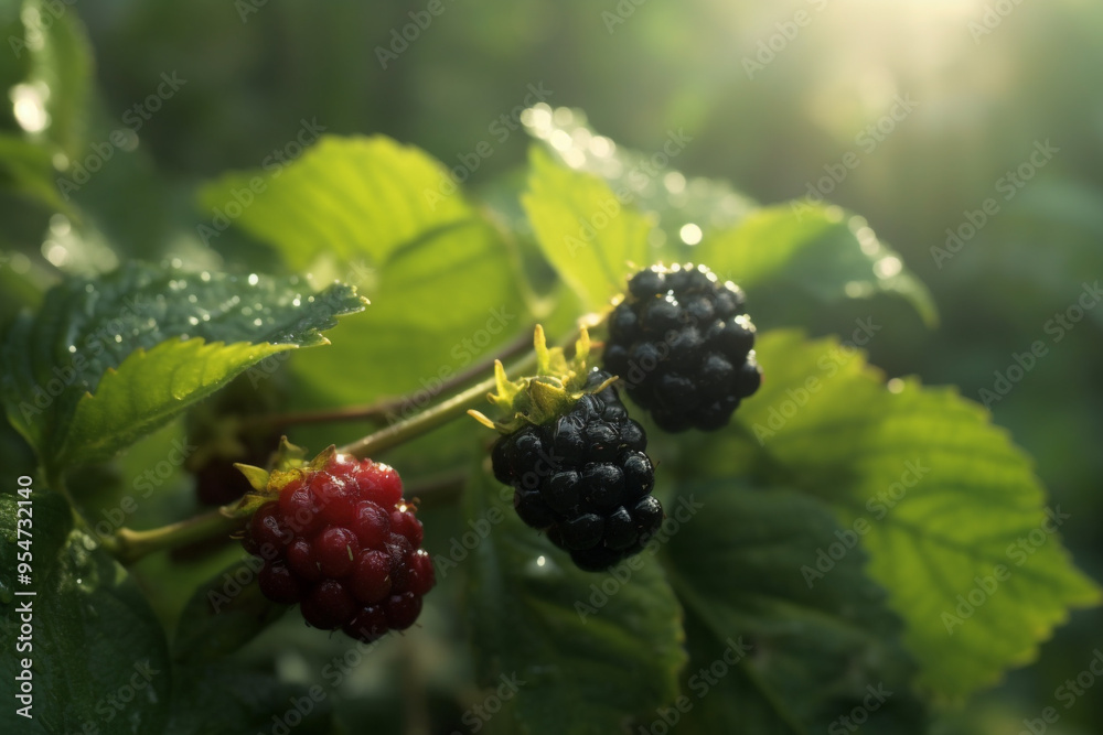 Shrub with raspberries in the forest in red and black Copy Space Shrub with raspberries in the forest in red and black Copy Space