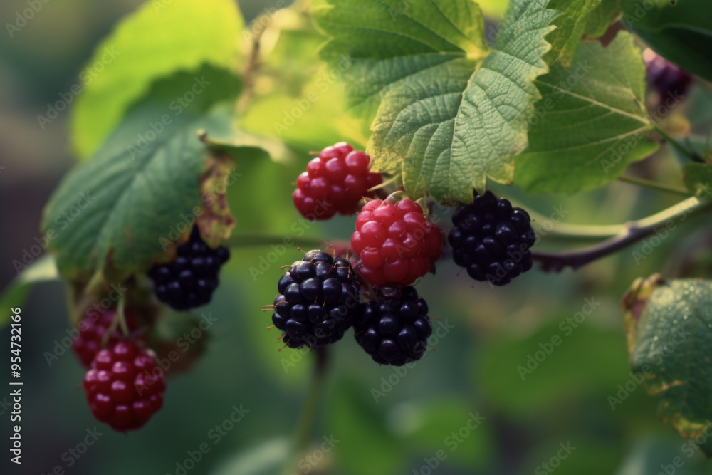 Shrub with raspberries in the forest in red and black Copy Space Shrub with raspberries in the forest in red and black Copy Space