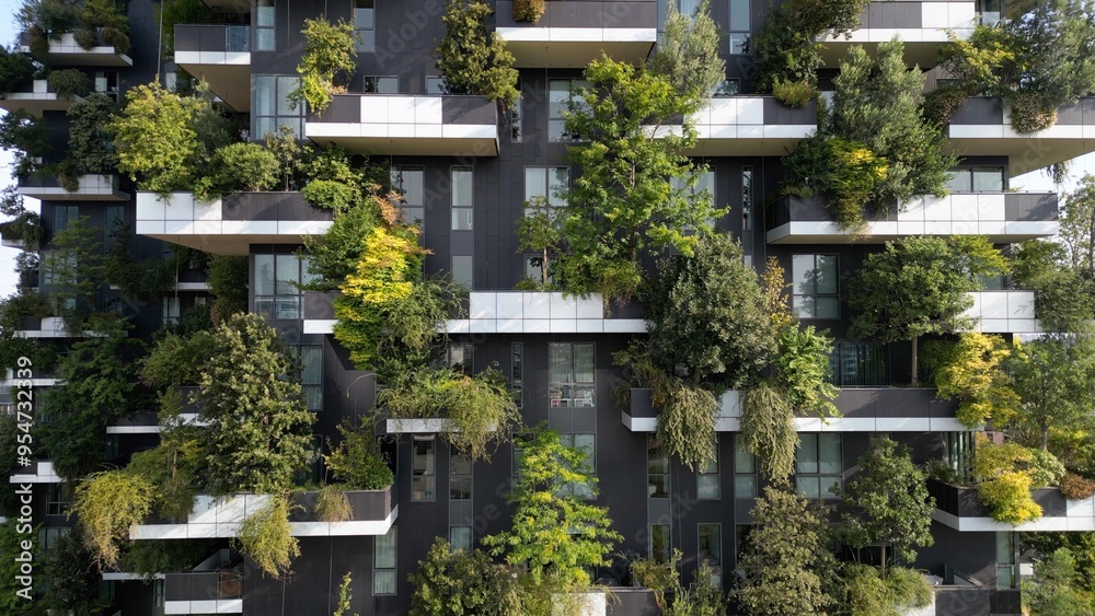 Italy ,Milan 09,05,2024 - Drone view of Vertical forest, bosco verticale luxury apartment in Garibaldi Gae Aulenti square financial district in downtown of the city - BAM , new skyline