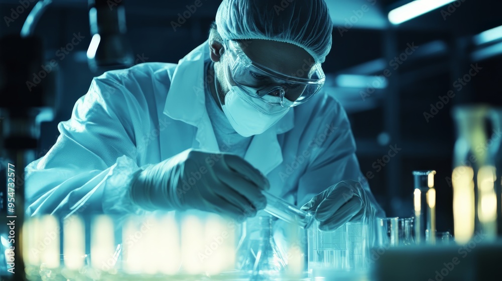 Scientist conducting research in a laboratory, using test tubes and protective gear, illuminated by a blue light.