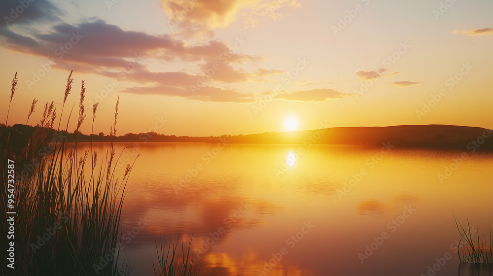 Obraz premium sunset over the river, sunrise over the lake, beauty of the sunset, with the surrounding landscape subtly lit by the soft, fading light