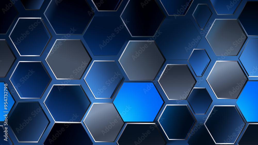 Blue And Black Hexagonal Grid Background With Reflective Surface In 3D Blue And Black Hexagonal Grid Background With Reflective Surface In 3D